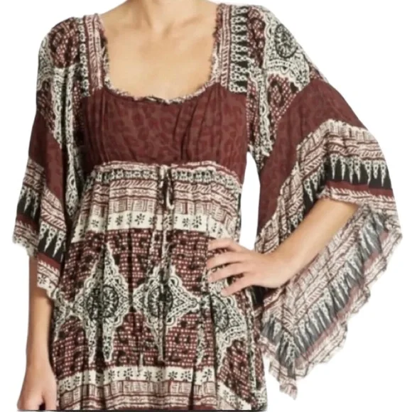 Free People Heart of Gold Brown Boho Peasant Dramatic Sleeve Short Dress Small - Picture 3 of 13